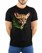 Jungle Cat T-Shirt - Wild Leopard Graphic - model with hands behind back, wearing Black T-shirt and blue jeans