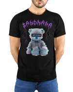 Missing Teddy T-Shirt - Glitch Bear Aesthetic Design - model with hands behind back, wearing Black T-shirt and blue jeans