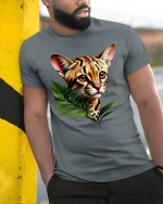 Jungle Cat T-Shirt - Wild Leopard Graphic - model leaning on yellow-black pole, wearing Gray T-shirt, hand in pocket