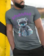 Missing Teddy T-Shirt - Glitch Bear Aesthetic Design - model leaning on yellow-black pole, wearing Gray T-shirt, hand in pocket