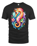 Colorful Seahorse Ocean Art T-Shirt - black t-shirt on white background
