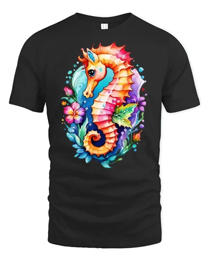 Colorful Seahorse Ocean Art T-Shirt - black t-shirt on white background