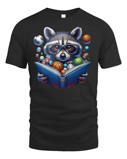 Smart Raccoon Reading Book Funny T-Shirt - black t-shirt on white background