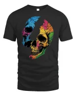 Colorful Cracked Skull Graphic T-Shirt Art Style - black t-shirt on white background