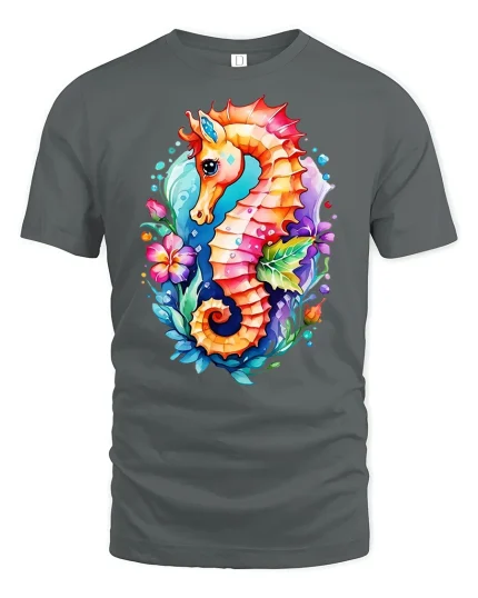 Colorful Seahorse Ocean Art T-Shirt - gray t-shirt on white background