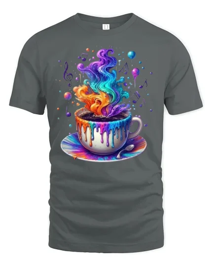 Rainbow Coffee Cup Graphic T-Shirt - gray t-shirt on white background