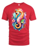 Colorful Seahorse Ocean Art T-Shirt - red t-shirt on white background