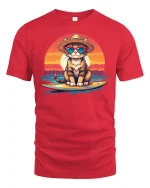 Surfing Cat Sunset Graphic T-Shirt - red t-shirt on white background