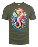Colorful Seahorse Ocean Art T-Shirt - military green t-shirt on white background
