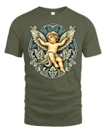 Vintage Angel Cherub Graphic T-Shirt - military green t-shirt on white background