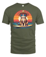 Surfing Cat Sunset Graphic T-Shirt - military green t-shirt on white background