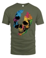 Colorful Cracked Skull Graphic T-Shirt Art Style - military green t-shirt on white background