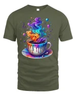 Rainbow Coffee Cup Graphic T-Shirt - military green t-shirt on white background