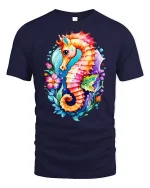 Colorful Seahorse Ocean Art T-Shirt - navy t-shirt on white background