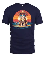 Surfing Cat Sunset Graphic T-Shirt - navy t-shirt on white background