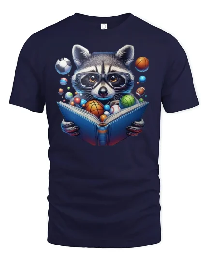 Smart Raccoon Reading Book Funny T-Shirt - navy t-shirt on white background