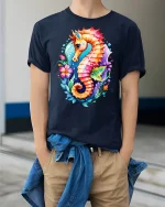 Colorful Seahorse Ocean Art T-Shirt - model wearing Navy T-shirt, hands in pockets, denim shirt at waist