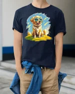 Cool Golden Dog with Sunglasses T-Shirt - model wearing Navy T-shirt, hands in pockets, denim shirt at waist