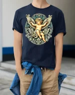 Vintage Angel Cherub Graphic T-Shirt - model wearing Navy T-shirt, hands in pockets, denim shirt at waist