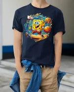 Funny Basketball Sponge Graphic T-Shirt - model wearing Navy T-shirt, hands in pockets, denim shirt at waist