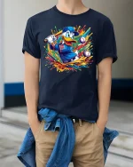 Funny Baseball Duck Graphic T-Shirt - model wearing Navy T-shirt, hands in pockets, denim shirt at waist