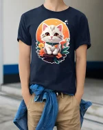Cute Kitten Flower Garden T-Shirt - model wearing Navy T-shirt, hands in pockets, denim shirt at waist