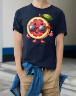 Cool Grapefruit with Sunglasses Funny T-Shirt - model wearing Navy T-shirt, hands in pockets, denim shirt at waist