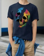 Colorful Cracked Skull Graphic T-Shirt Art Style - model wearing Navy T-shirt, hands in pockets, denim shirt at waist