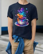 Rainbow Coffee Cup Graphic T-Shirt - model wearing Navy T-shirt, hands in pockets, denim shirt at waist