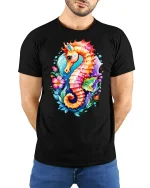 Colorful Seahorse Ocean Art T-Shirt - model with hands behind back, wearing Black T-shirt and blue jeans