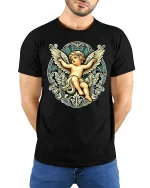 Vintage Angel Cherub Graphic T-Shirt - model with hands behind back, wearing Black T-shirt and blue jeans