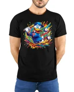 Funny Baseball Duck Graphic T-Shirt - model with hands behind back, wearing Black T-shirt and blue jeans