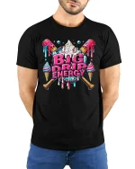 Big Drip Energy Ice Cream T-Shirt - model with hands behind back, wearing Black T-shirt and blue jeans