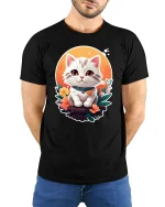 Cute Kitten Flower Garden T-Shirt - model with hands behind back, wearing Black T-shirt and blue jeans