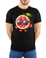 Cool Grapefruit with Sunglasses Funny T-Shirt - model with hands behind back, wearing Black T-shirt and blue jeans
