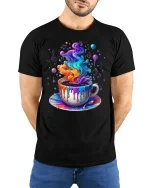 Rainbow Coffee Cup Graphic T-Shirt - model with hands behind back, wearing Black T-shirt and blue jeans
