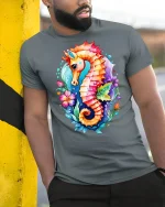 Colorful Seahorse Ocean Art T-Shirt - model leaning on yellow-black pole, wearing Gray T-shirt, hand in pocket