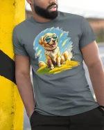 Cool Golden Dog with Sunglasses T-Shirt - model leaning on yellow-black pole, wearing Gray T-shirt, hand in pocket