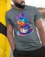 Rainbow Coffee Cup Graphic T-Shirt - model leaning on yellow-black pole, wearing Gray T-shirt, hand in pocket