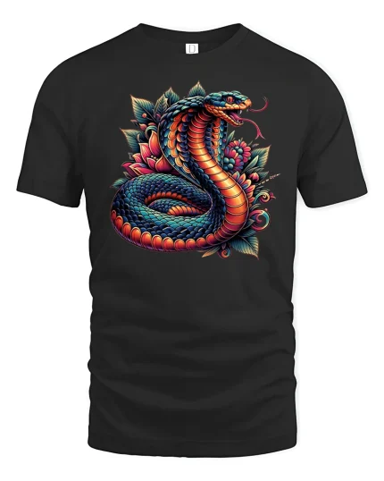 Vibrant Cobra Snake Floral Fusion T-Shirt - black t-shirt on white background