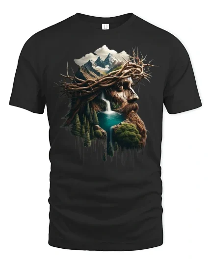 Nature Jesus Crown of Thorns Waterfall T-Shirt - black t-shirt on white background