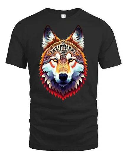 Tribal Spirit Wolf Head Vibrant Art T-Shirt - black t-shirt on white background