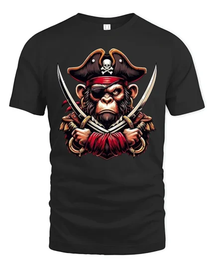 Pirate Monkey Crossed Swords T-Shirt - black t-shirt on white background