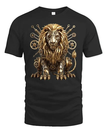 Steampunk Lion Gear Machine Power T-Shirt - black t-shirt on white background