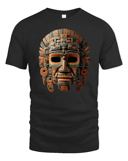 Ancient Tribal Warrior Mask Art T-Shirt - black t-shirt on white background