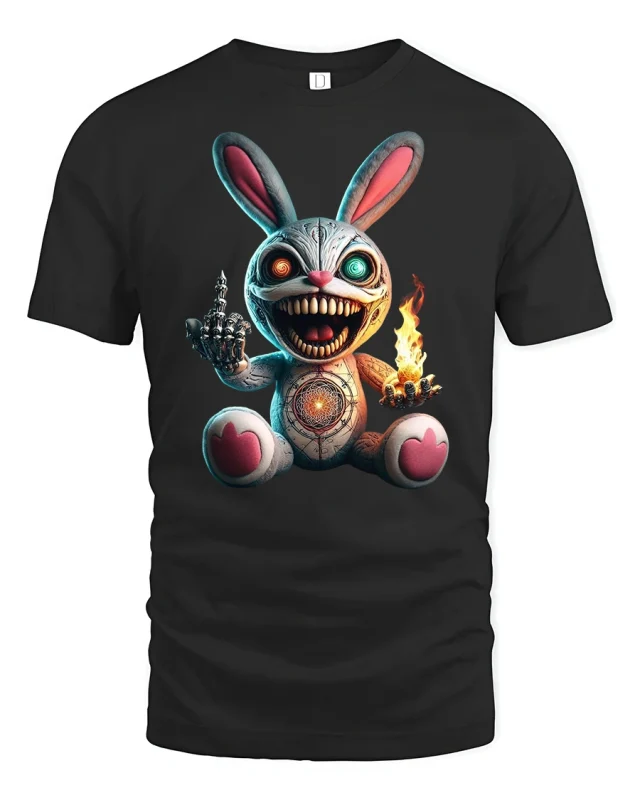 Evil Bunny Fire Hands Creepy Smile T-Shirt - black t-shirt on white background