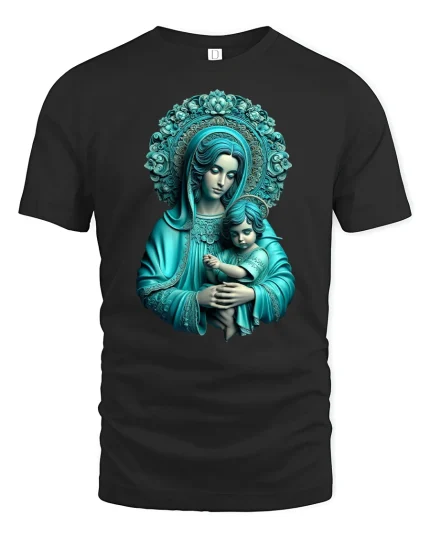 Holy Mother and Child Sacred Art T-Shirt - black t-shirt on white background