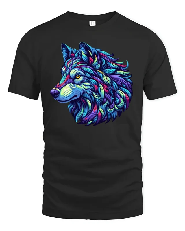 Colorful Neon Wolf Head Artistic Spirit Tee - black t-shirt on white background