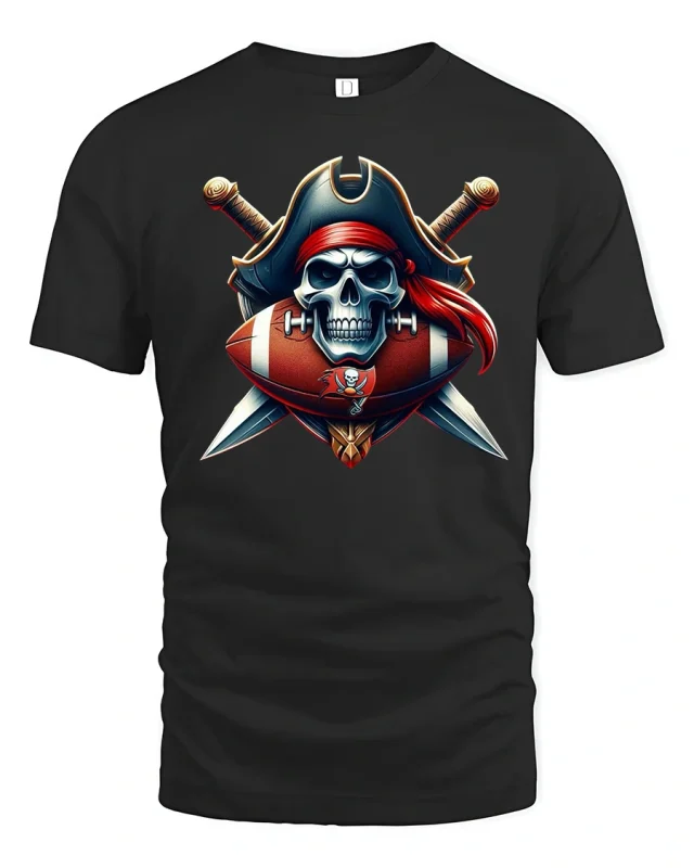 Pirate Skull Football Swords Crossover T-Shirt - black t-shirt on white background