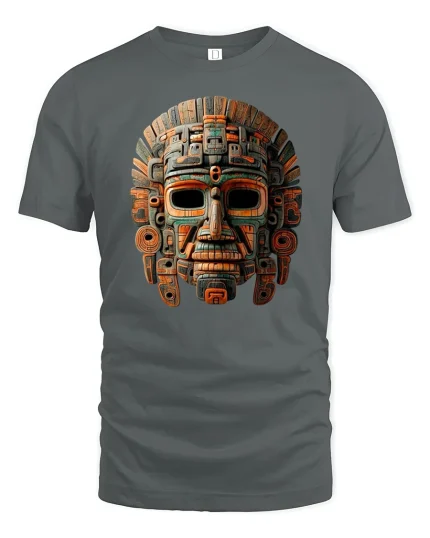 Ancient Tribal Warrior Mask Art T-Shirt - gray t-shirt on white background